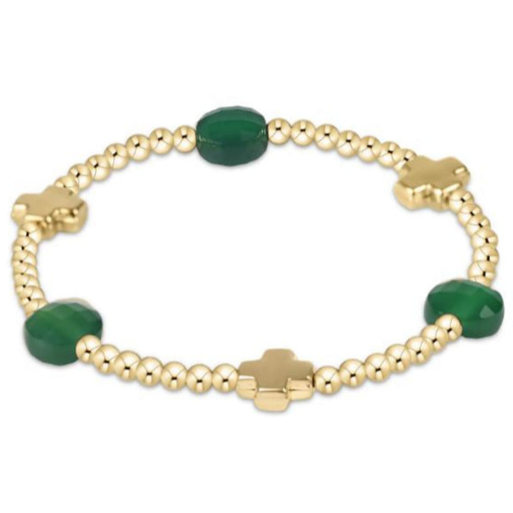 enewton 6.25" Signature Cross Admire Gold Pattern 3mm Bead Bracelet - Green Onyx