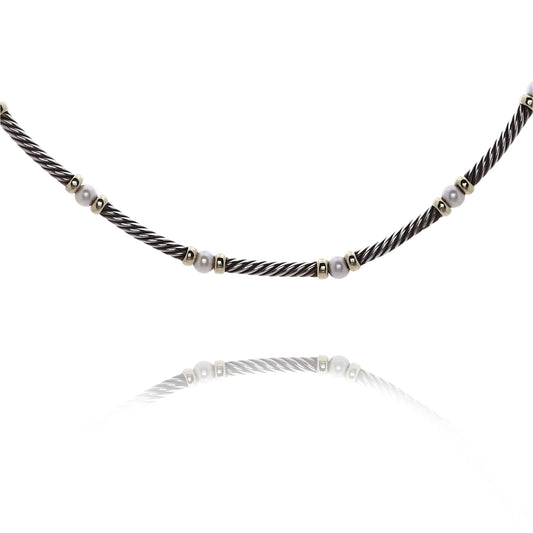 Estate David Yurman Sterling Silver and 14 Karat Yellow Gold Pearl Cable Link Necklace
