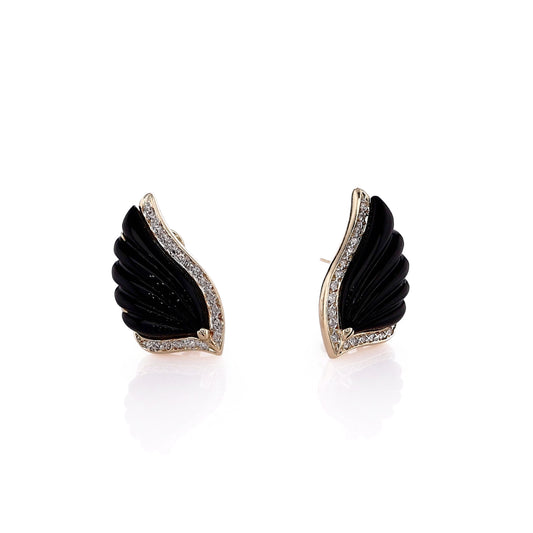 Estate 14k Yellow Gold Scalloped Wing Design Onyx and Diamond Stud Earrings