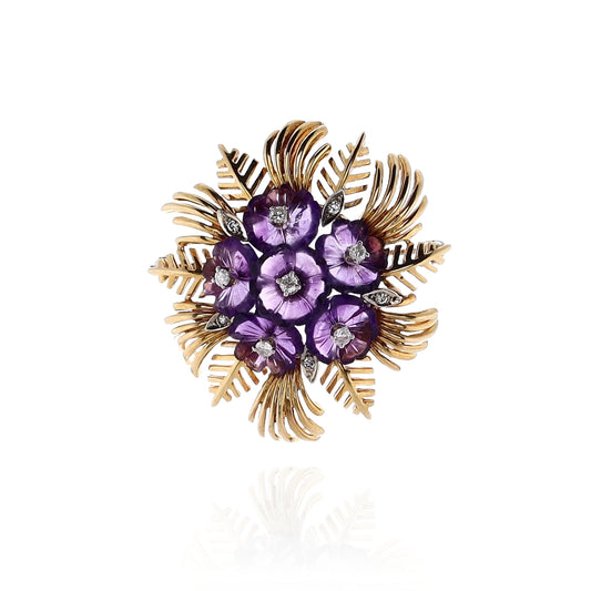 Estate 18 Karat Yellow Gold Flower Design Amethyst and Diamond Brooch