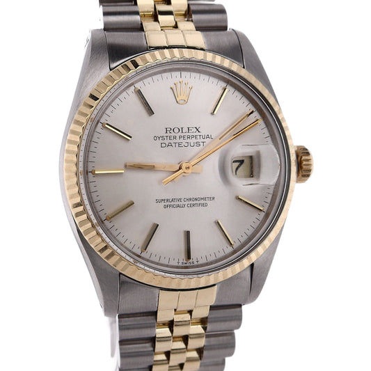 Estate Rolex Stainless Steel 18 Karat Yellow Gold Silver Stick Dial Fluted Bezel Watch