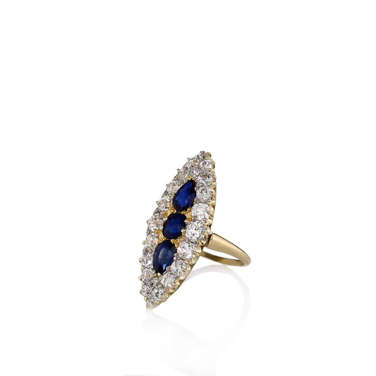 Estate 14k Yellow Gold Sapphire and Diamond Navette Ring