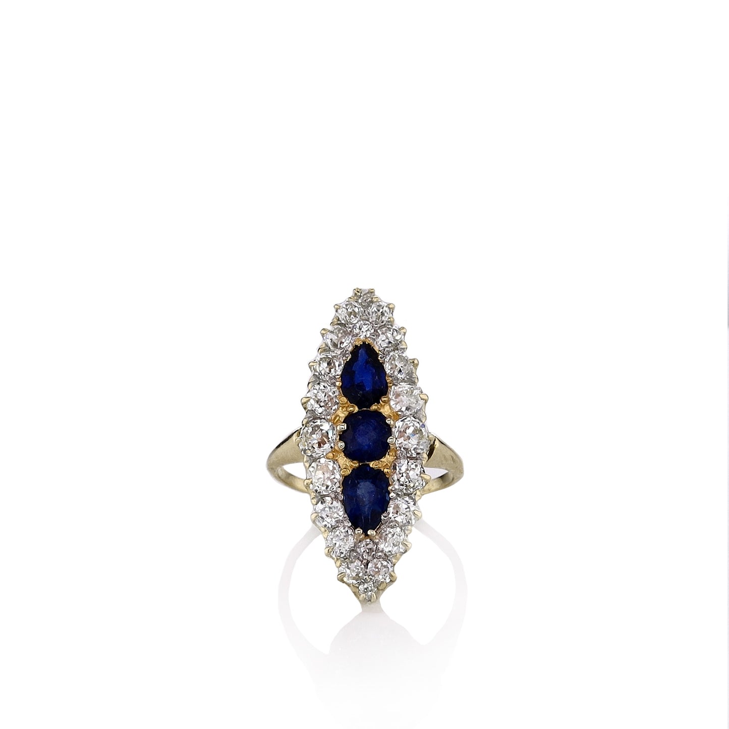Estate 14k Yellow Gold Sapphire and Diamond Navette Ring