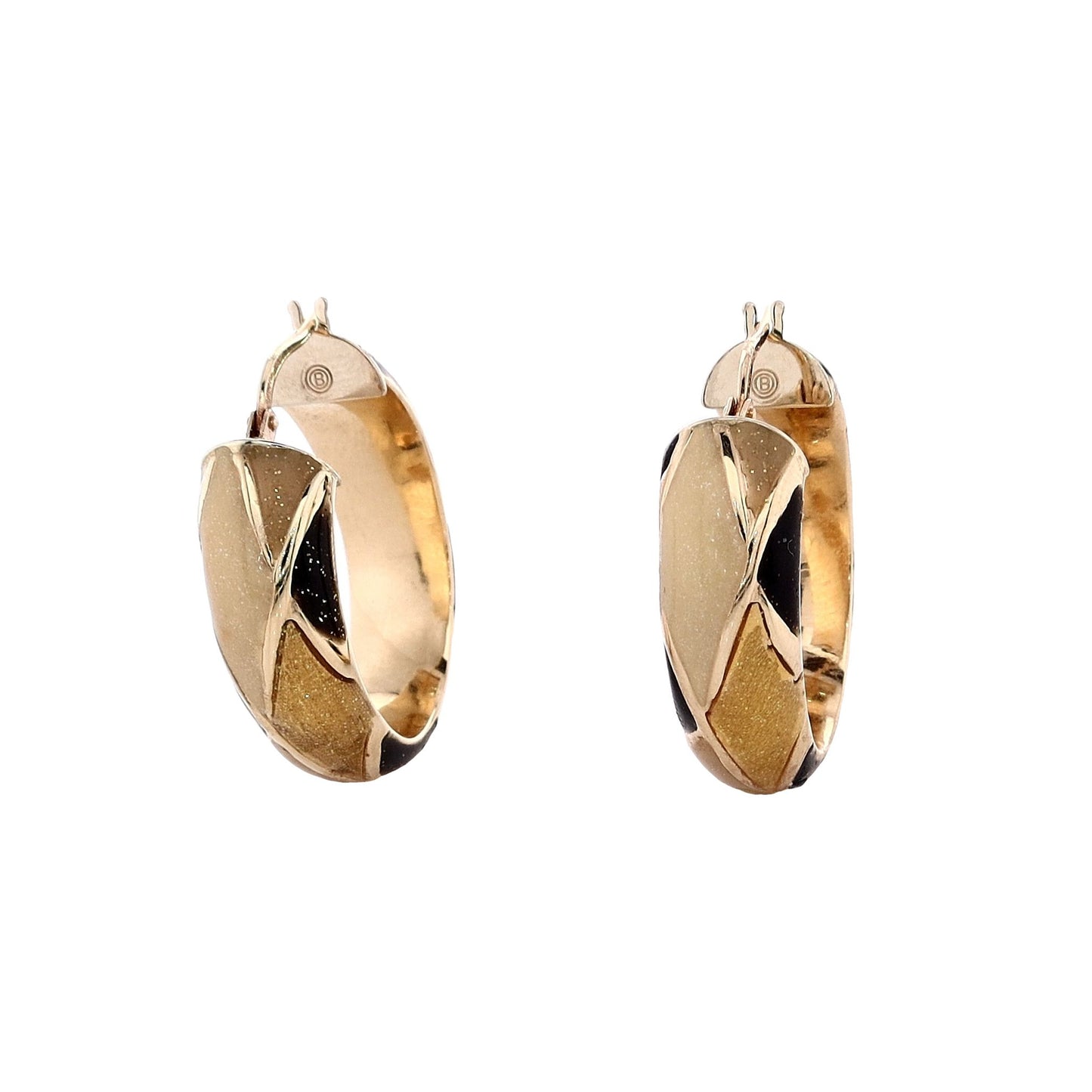 Estate 14k Yellow Gold W/Black, Cream, and Gold Enamel Oval Hoops