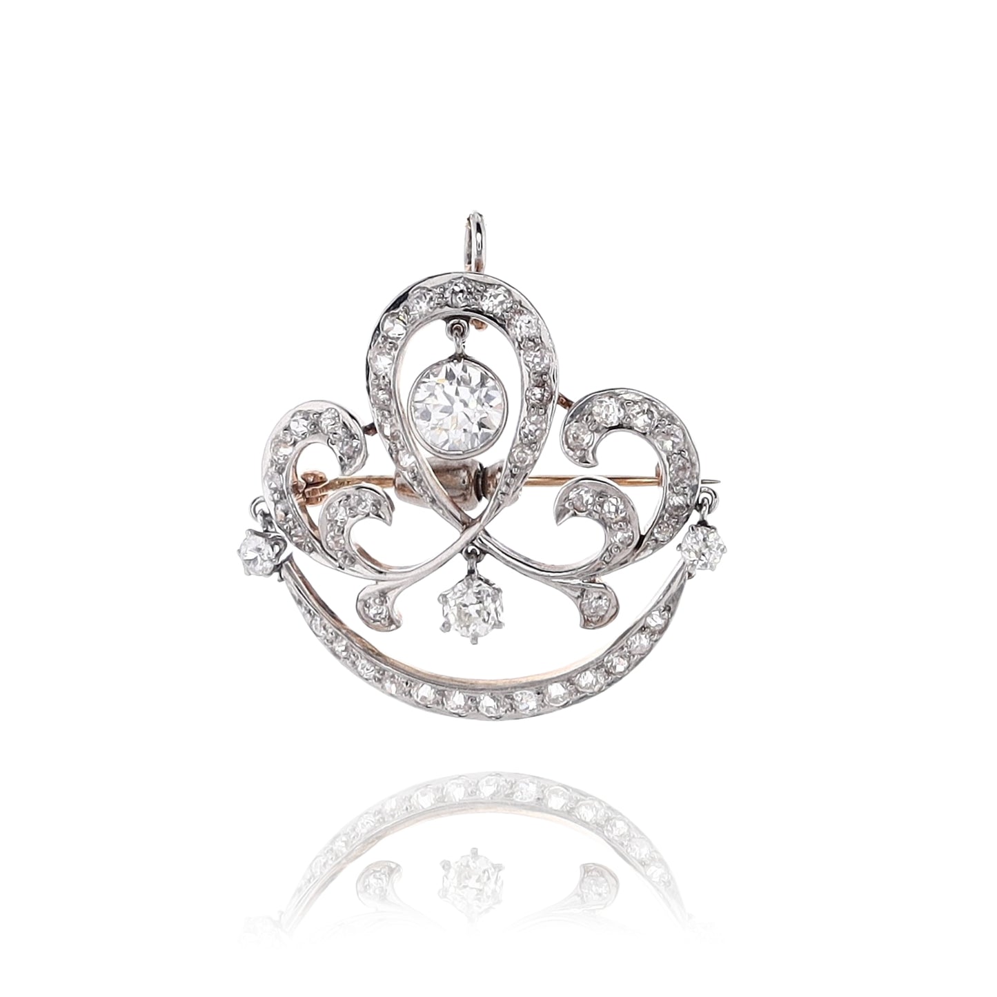 Estate 14 Karat Yellow Gold and Platinum with Scroll Design Diamond Brooch