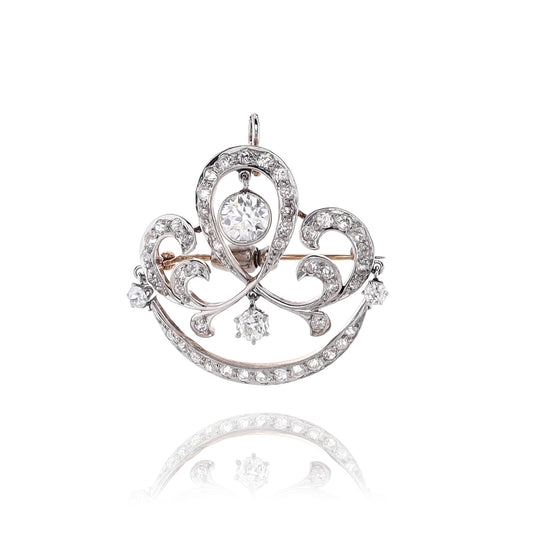 Estate 14 Karat Yellow Gold and Platinum with Scroll Design Diamond Brooch