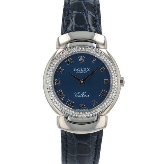 Estate Rolex 18k White Gold 26mm Ladies' Cellini Cellissima Blue Roman Dial 6671 With Box & Paper C.2003