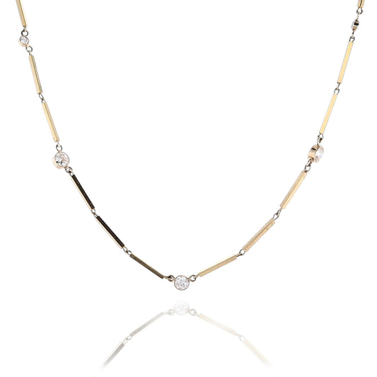 Estate 14 Karat Yellow Gold 7 Station Diamond Rectangular Bar Link Necklace