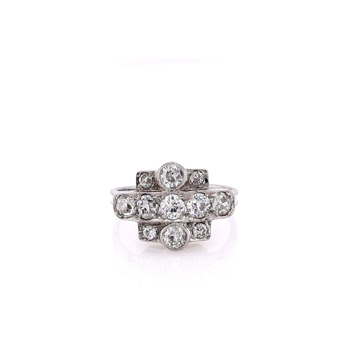 Estate Platinum and Old European Cut Diamonds 2 Bezel 7 Prong Set Ring