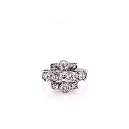 Estate Platinum and Old European Cut Diamonds 2 Bezel 7 Prong Set Ring