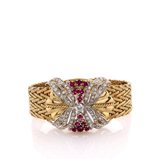 Estate 18k Two-Tone Chevron Link Design Diamond and Ruby Bracelet
