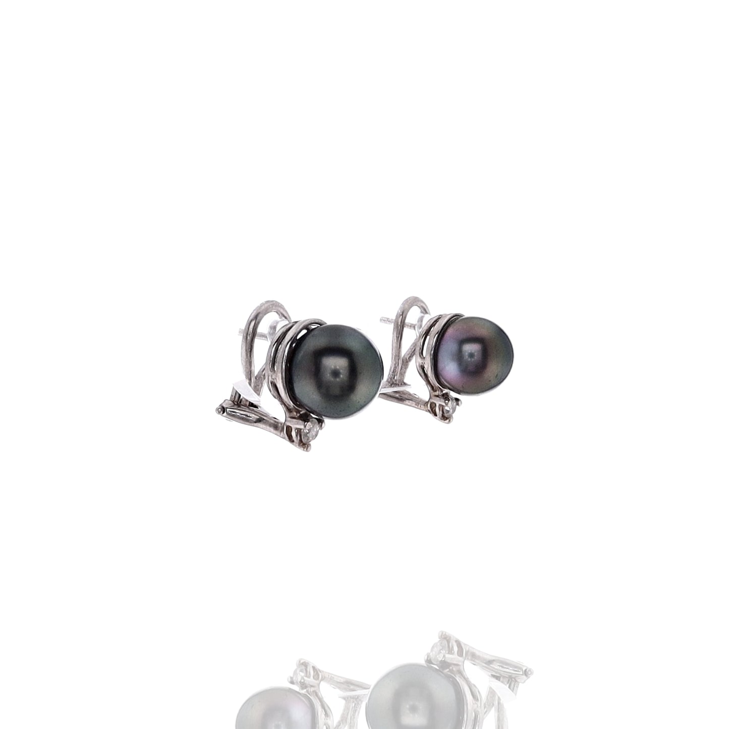 Estate 14k White Gold Black Cultured Pearl Diamond Pierced/Clip-On Earrings