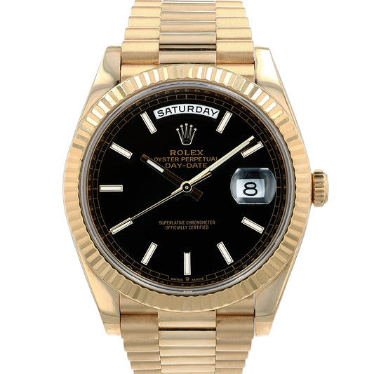 Estate Rolex 18k Yellow Gold Gent's 40mm Oyster Perpetual Day-Date Black Dial Fluted Bezel President Bracelet 228238 with Box C.2011+