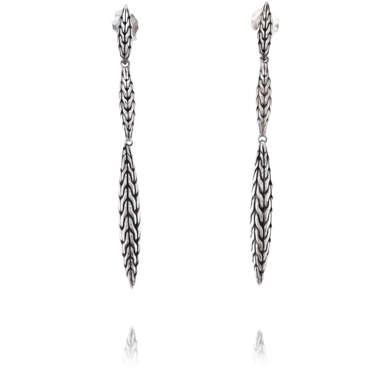 Estate John Hardy Sterling Silver Double Carved Chain Marquis Drop Earrings