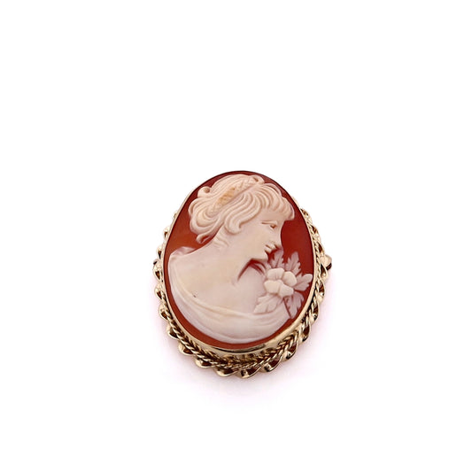 Estate 14k Yellow Gold Lady Facing Right Oval Shell Cameo Pin/Pendant