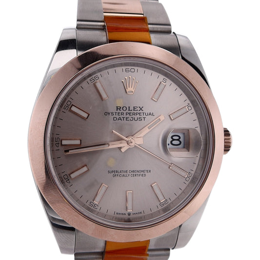 Estate Rolex Stainless Steel and 18 Karat Rose Gold Gents Oyster Perpetual Date-Just Sundust Dial Smooth Bezel Watch 126301 C.2021 With Box and Card