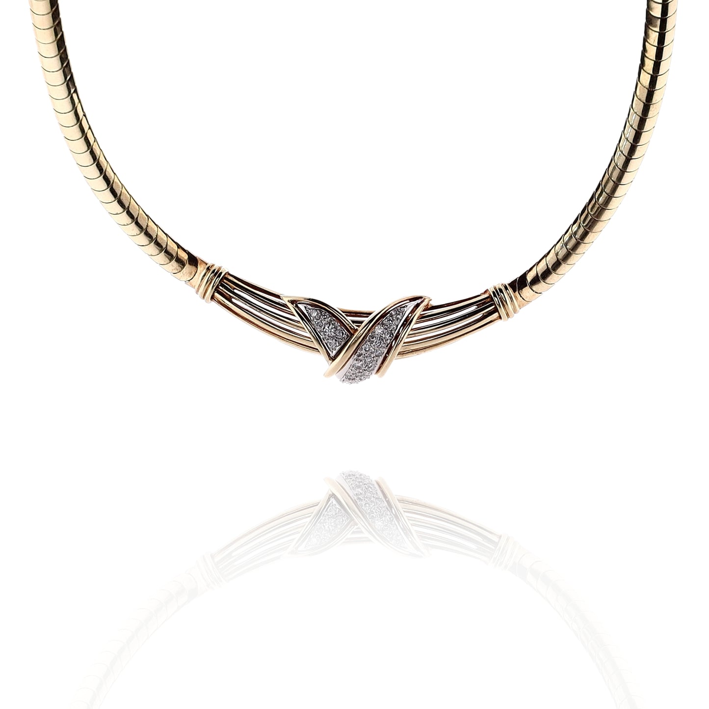 Estate 14k Two Tone Gold Diamond "V" Design Omega Necklace