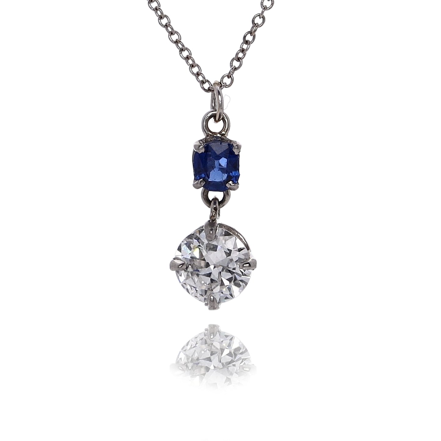 Estate Platinum and 18 Karat White Gold Diamond and Sapphire Dangle Pendant Necklace