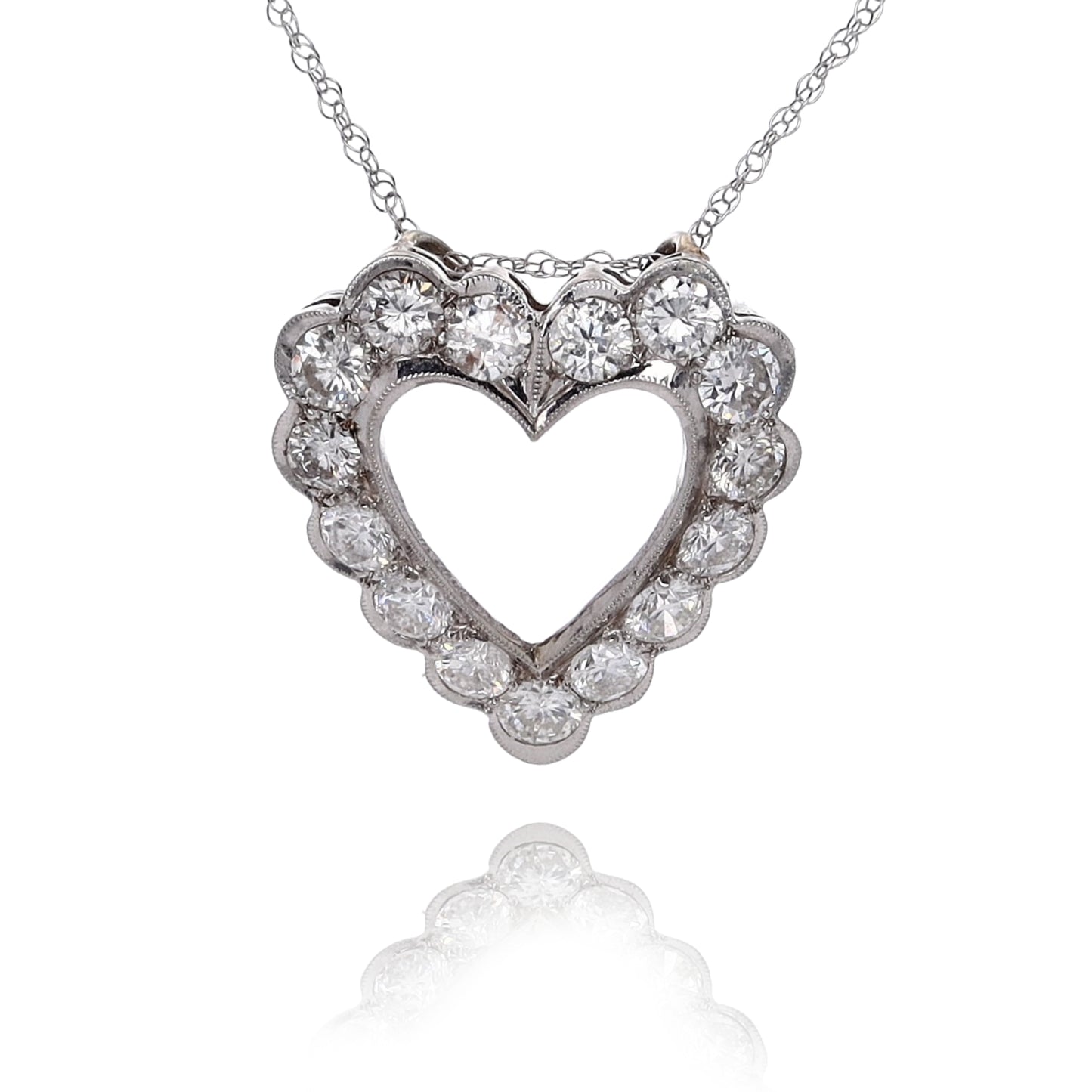 Estate 14 Karat White Gold Diamond Heart Shaped Pendant Necklace