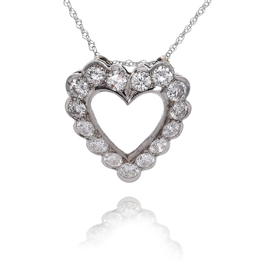 Estate 14 Karat White Gold Diamond Heart Shaped Pendant Necklace