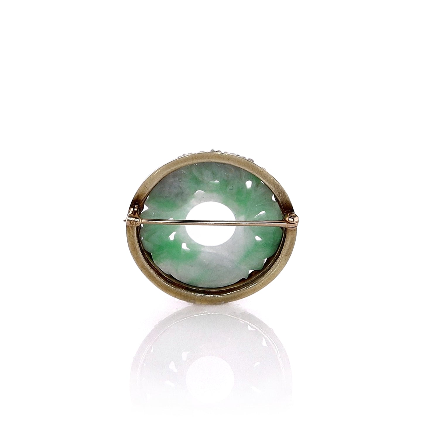 Estate 14k Yellow Gold Green Circle Carved Jadeite and Seed Pearl Pin
