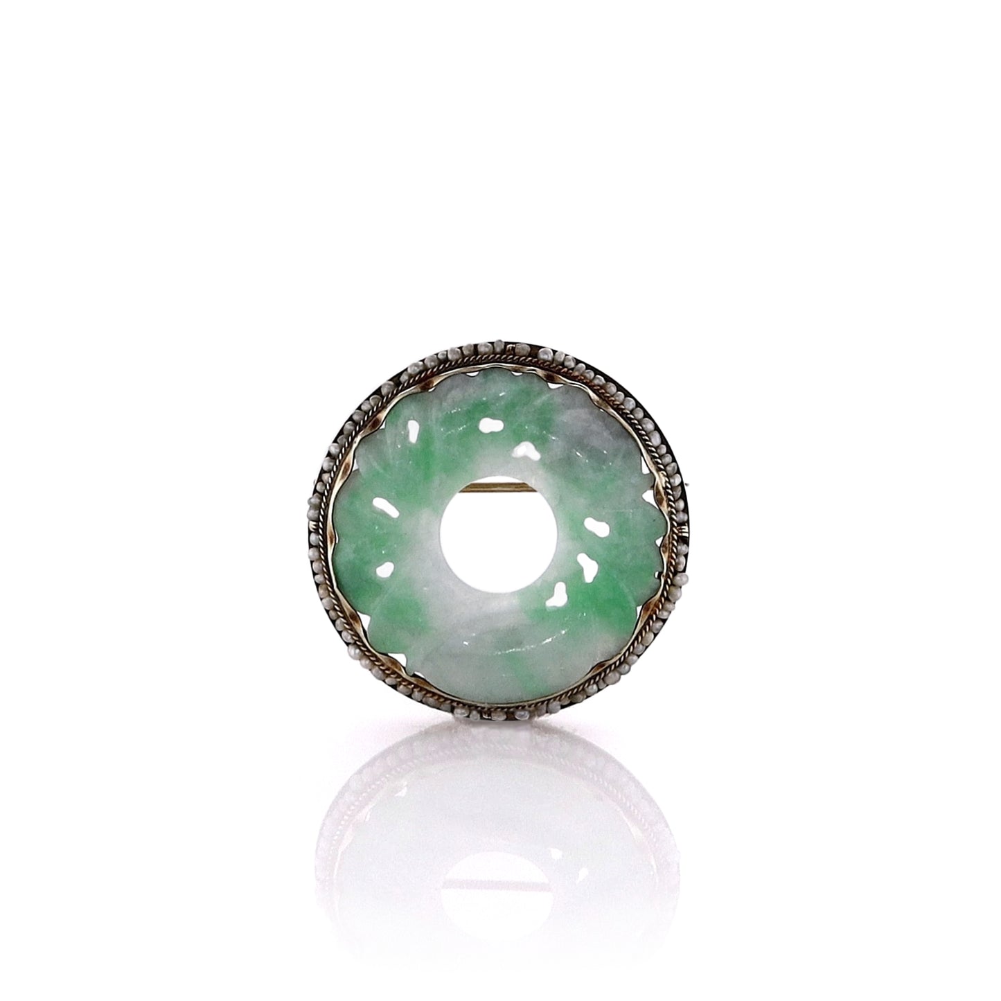 Estate 14k Yellow Gold Green Circle Carved Jadeite and Seed Pearl Pin