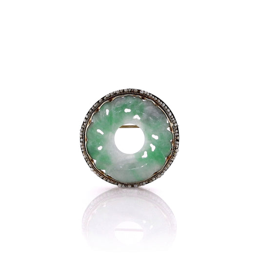 Estate 14k Yellow Gold Green Circle Carved Jadeite and Seed Pearl Pin