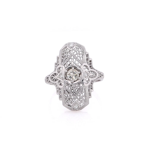 Estate 14 Karat White Gold Filigree Diamond Ring