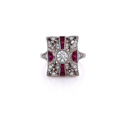 Estate 18 Karat White Gold Rectangular Design Ruby and Diamond Ring
