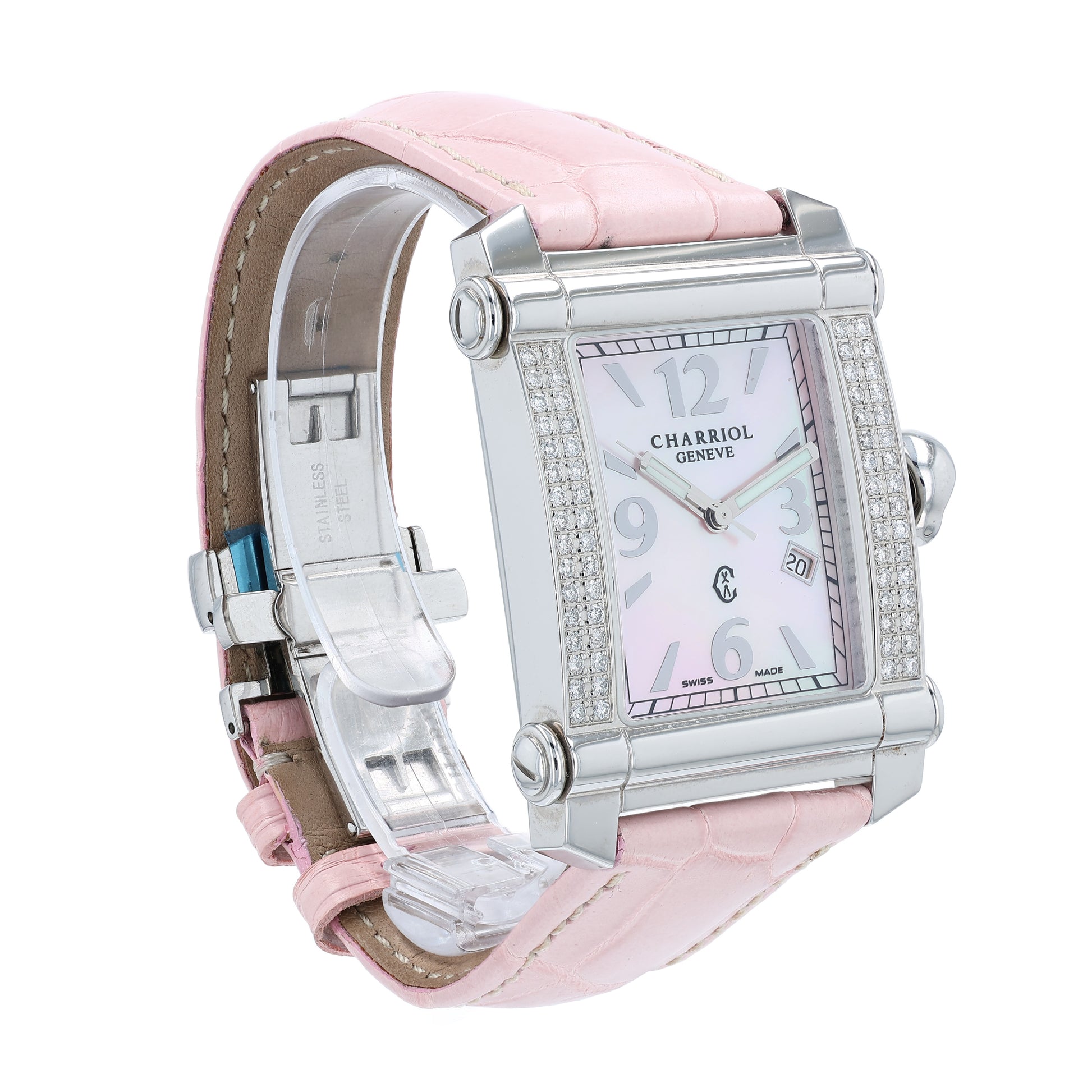 Angle of a pink Charriol watch with a pink mother of pearl dial and diamond bezel on a white background