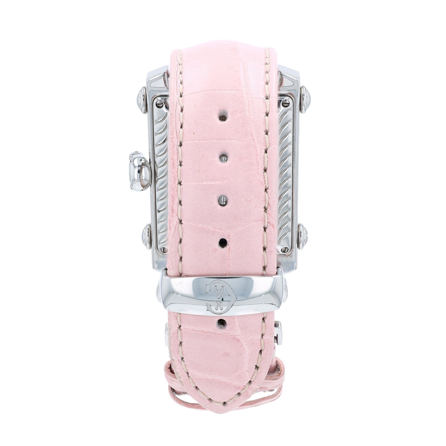 Back angle of a pink Charriol watch with a pink mother of pearl dial and diamond bezel on a white background