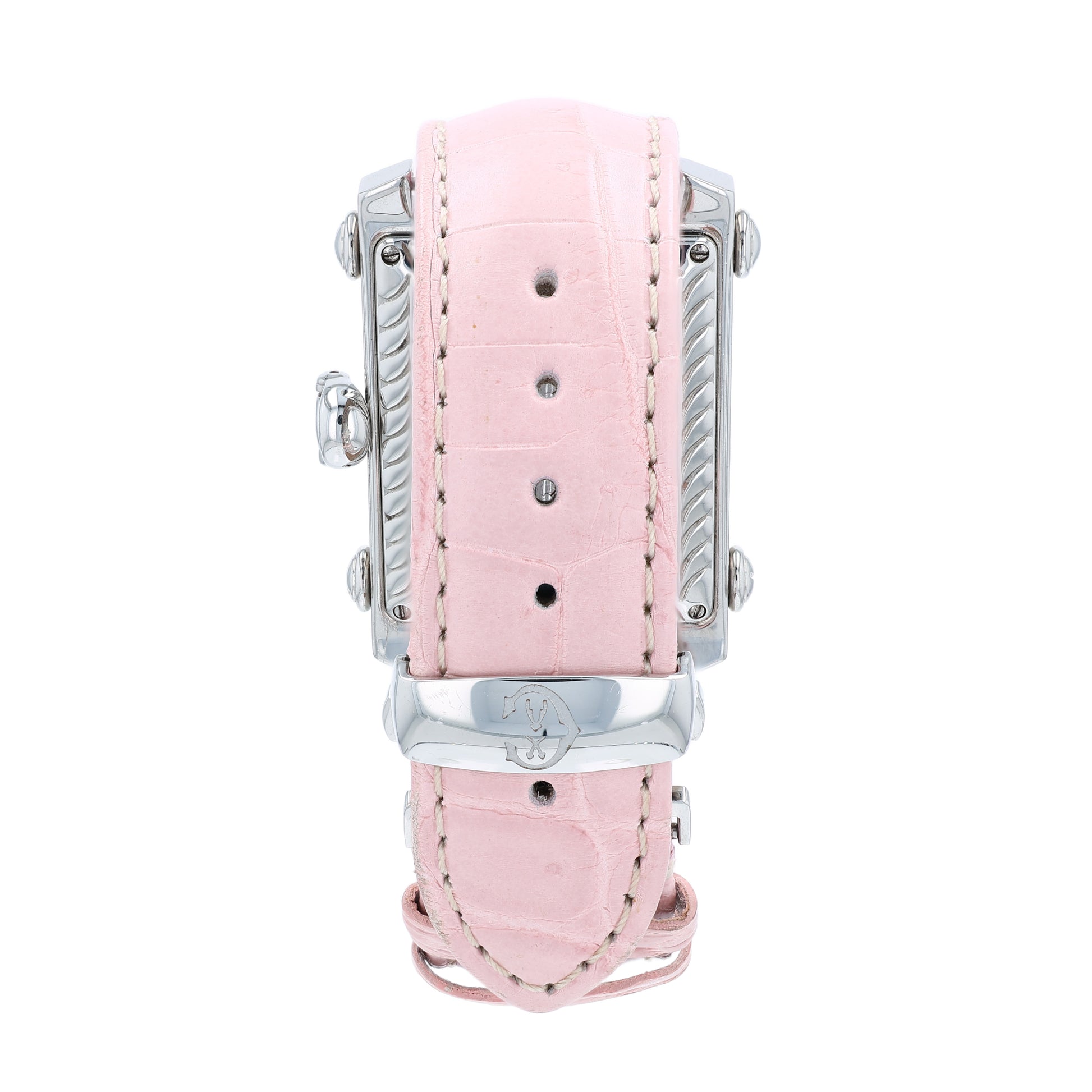 Back angle of a pink Charriol watch with a pink mother of pearl dial and diamond bezel on a white background