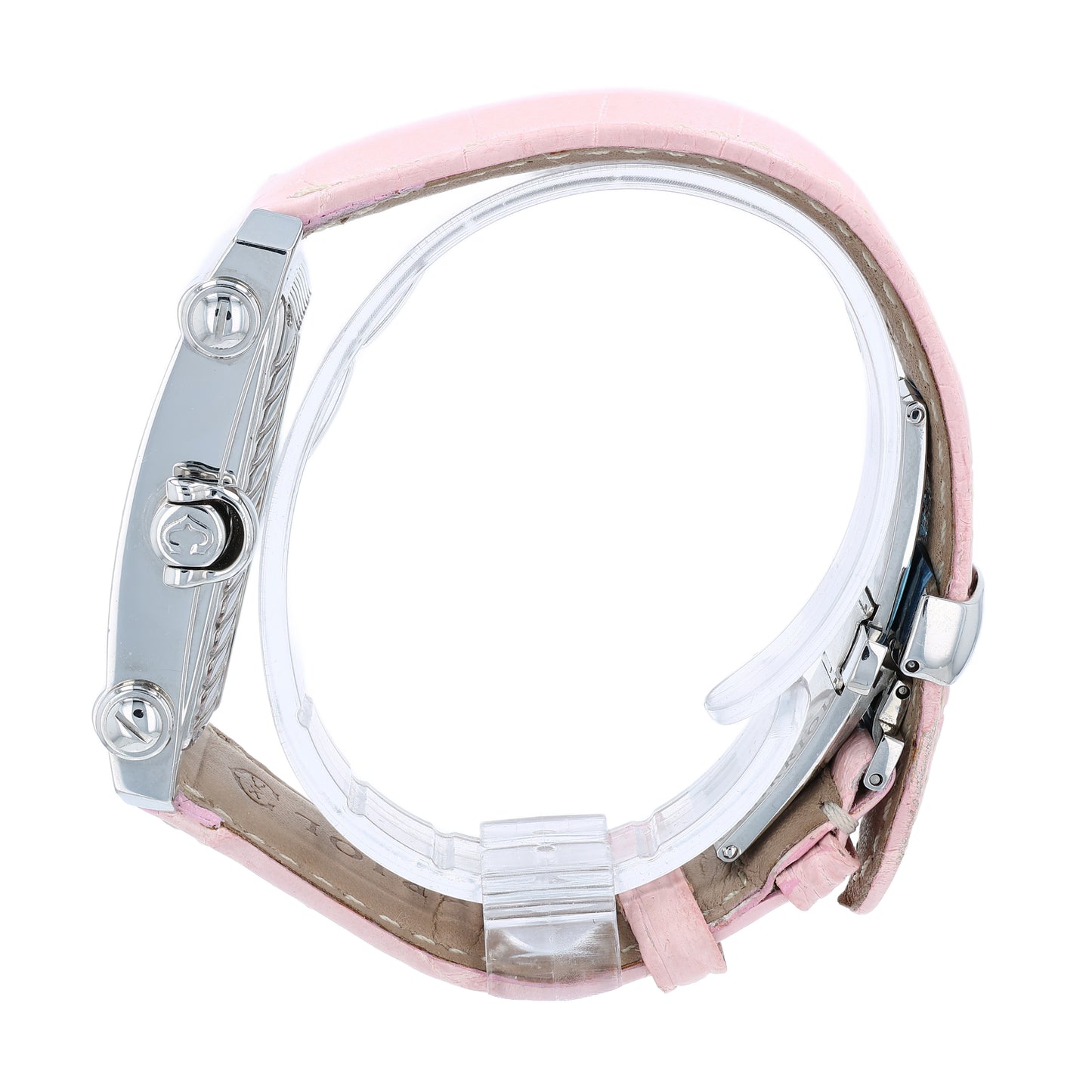 Side profile of a pink Charriol watch with a pink mother of pearl dial and diamond bezel on a white background