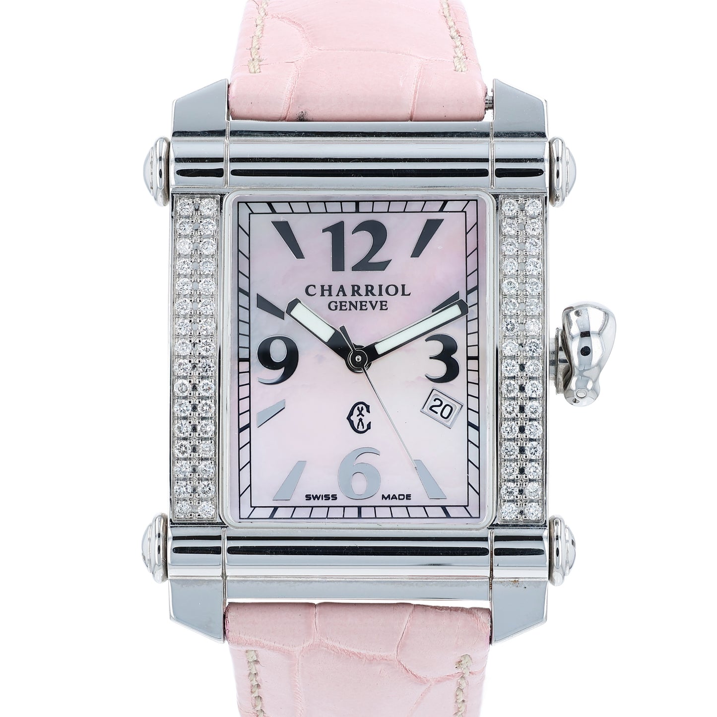 Pink Charriol watch with a pink mother of pearl dial and diamond bezel on a white background