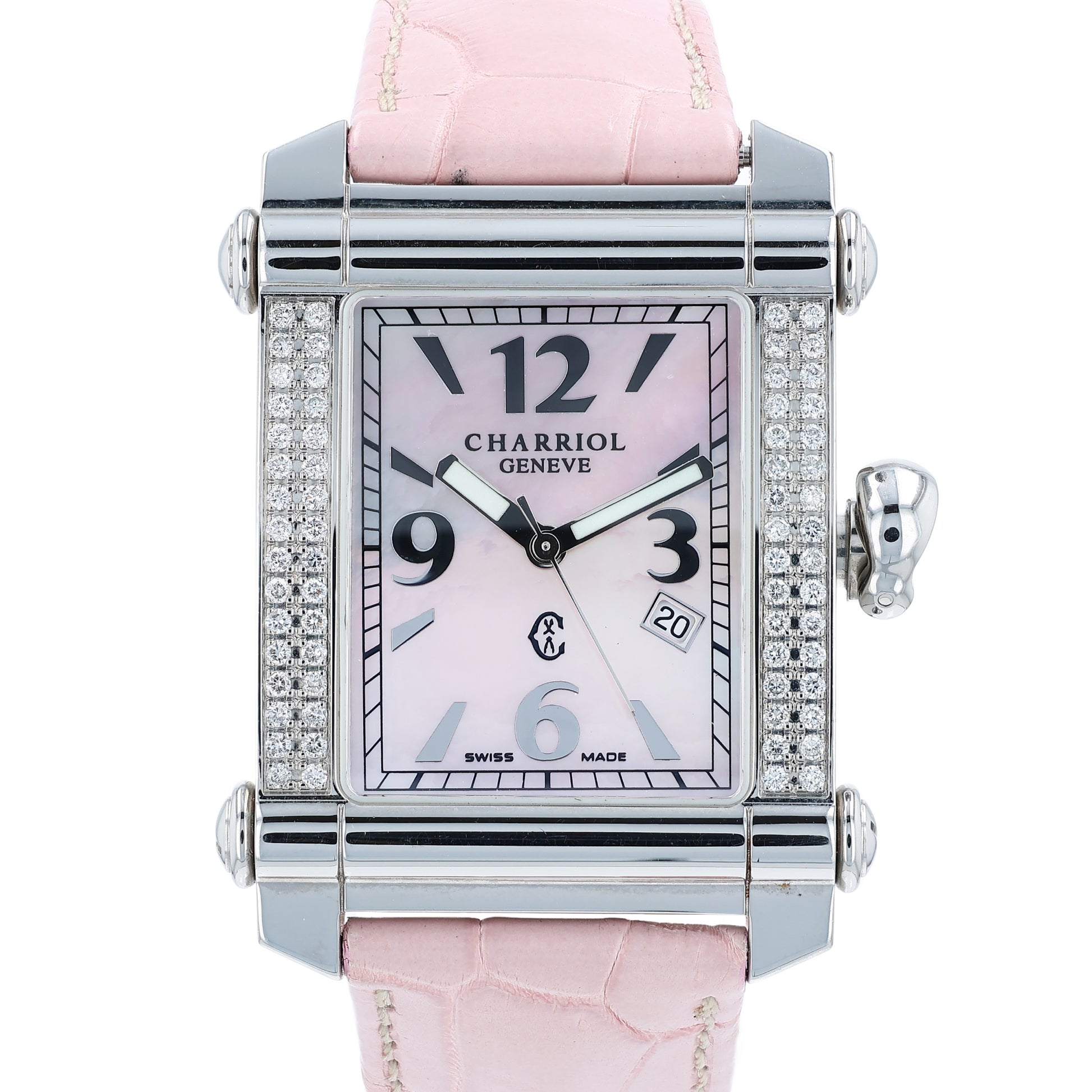 Pink Charriol watch with a pink mother of pearl dial and diamond bezel on a white background