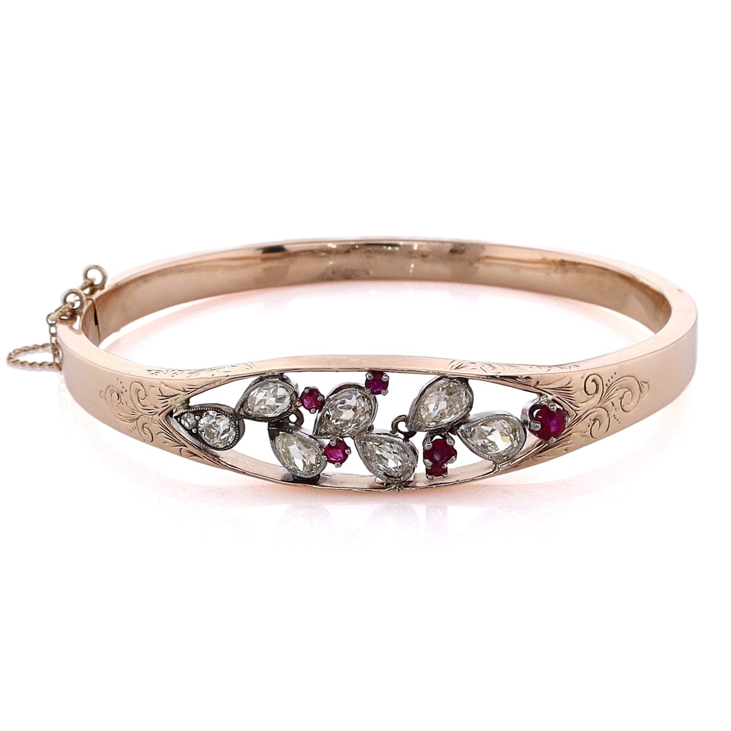 Estate 14 Karat Yellow Gold Engraved Diamond and Ruby Hinged Bangle Bracelet
