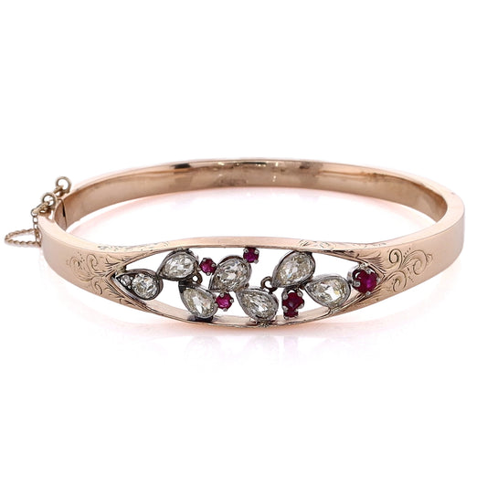 Estate 14 Karat Yellow Gold Engraved Diamond and Ruby Hinged Bangle Bracelet