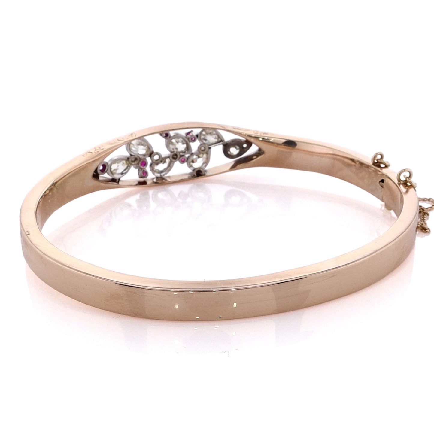 Estate 14 Karat Yellow Gold Engraved Diamond and Ruby Hinged Bangle Bracelet