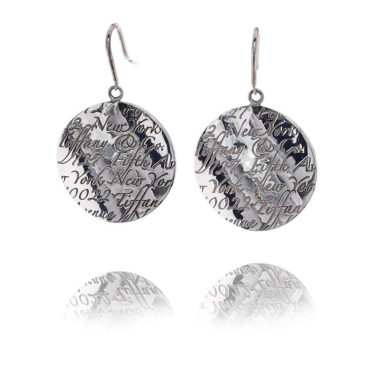 Estate Tiffany & Co Sterling Silver "Notes" Script Wavy Disc Dangle Earrings
