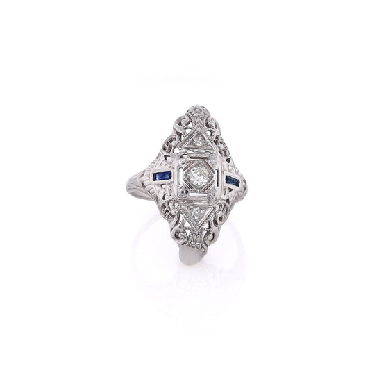 Estate 18 Karat White Gold Sapphire and Diamond Nevette Filagree Design Ring