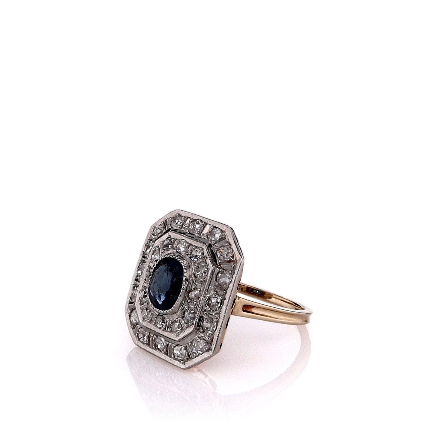 Estate Two-Tone Vintage Blue Glass Center and Diamond Double Halo Ring