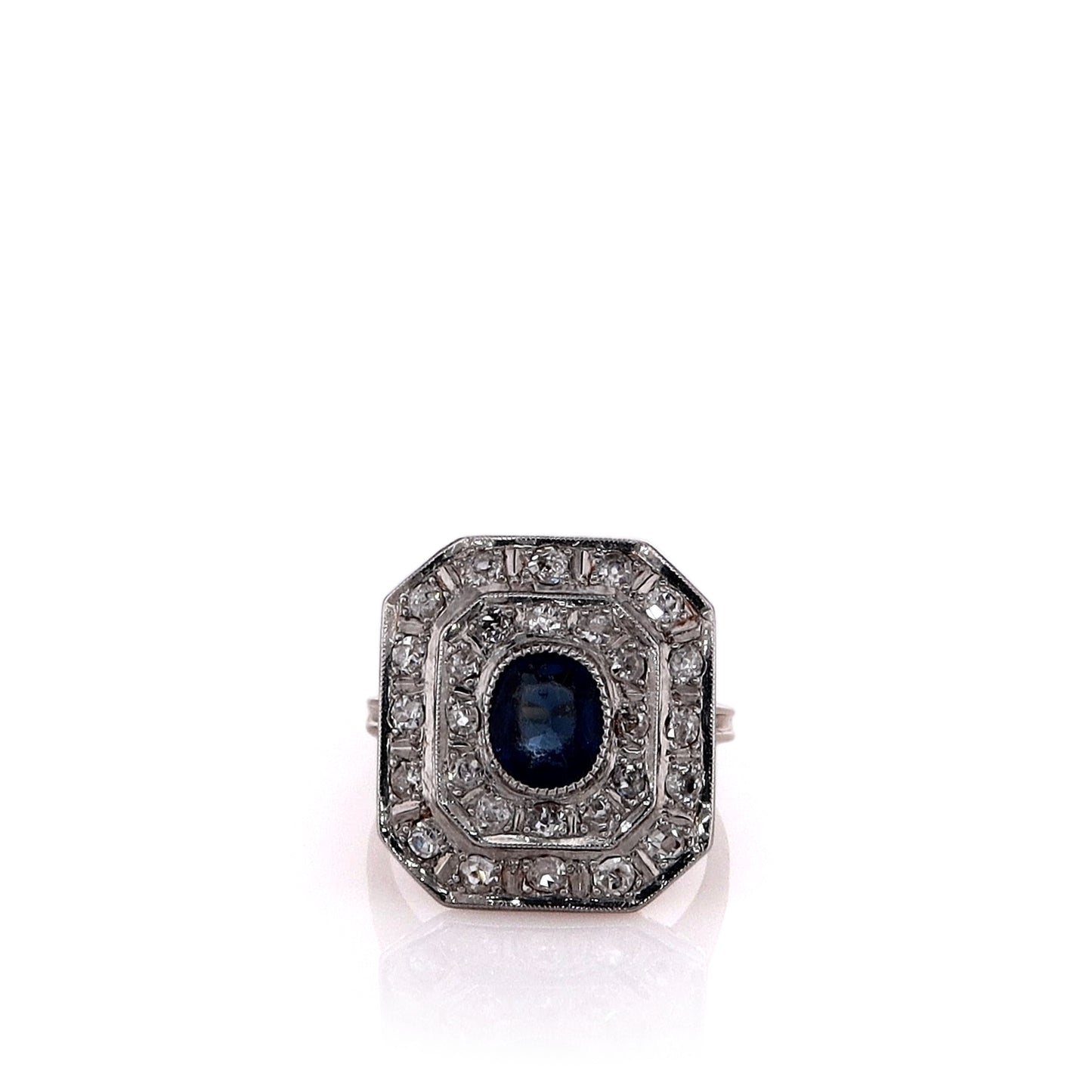 Estate Two-Tone Vintage Blue Glass Center and Diamond Double Halo Ring