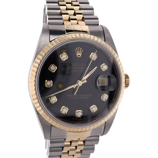 Estate Rolex Two-Tone Gents Oyster Perpetual Date Just Custom Black Diamond Dial Fluted Bezel Jubilee Bracelet 16233 C.1993