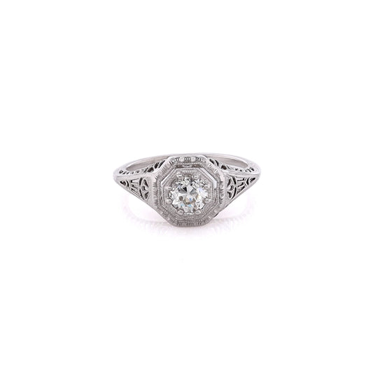 Estate 18 Karat White Gold Filagree and Milgrain Diamond Ring