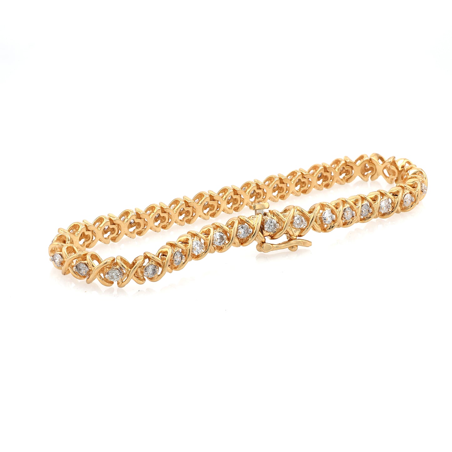 Estate 14 Karat Yellow Gold Alternating Diamond and 'X' Design Link Bracelet