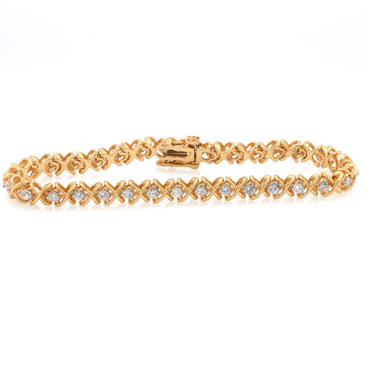 Estate 14 Karat Yellow Gold Alternating Diamond and 'X' Design Link Bracelet