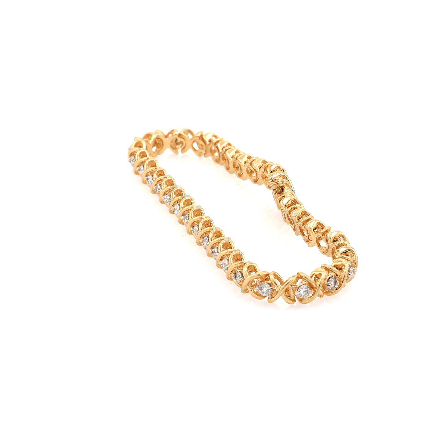 Estate 14 Karat Yellow Gold Alternating Diamond and 'X' Design Link Bracelet
