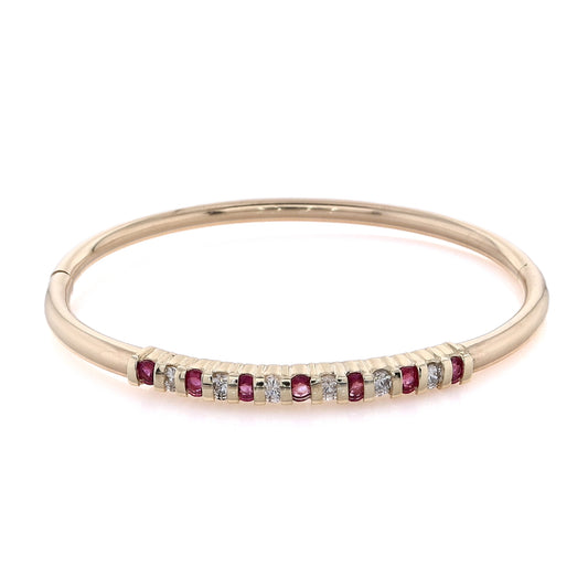 Estate 14 Karat Yellow Gold Alternating Diamond and Ruby Hinged Bangle Bracelet