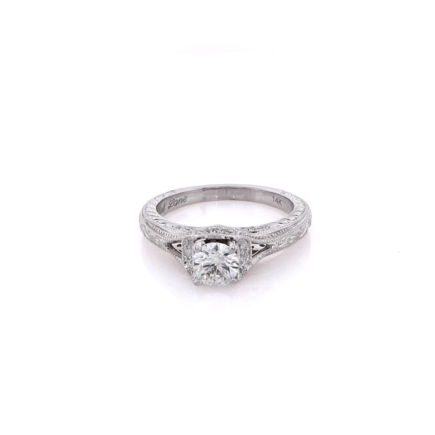 Estate 14 Karat White Gold Engraved Shank Diamond Engagement Ring