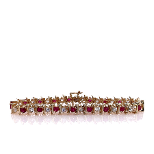 Estate 14k Yellow Gold 7" Alternating Ruby and White Sapphire Tennis Bracelet